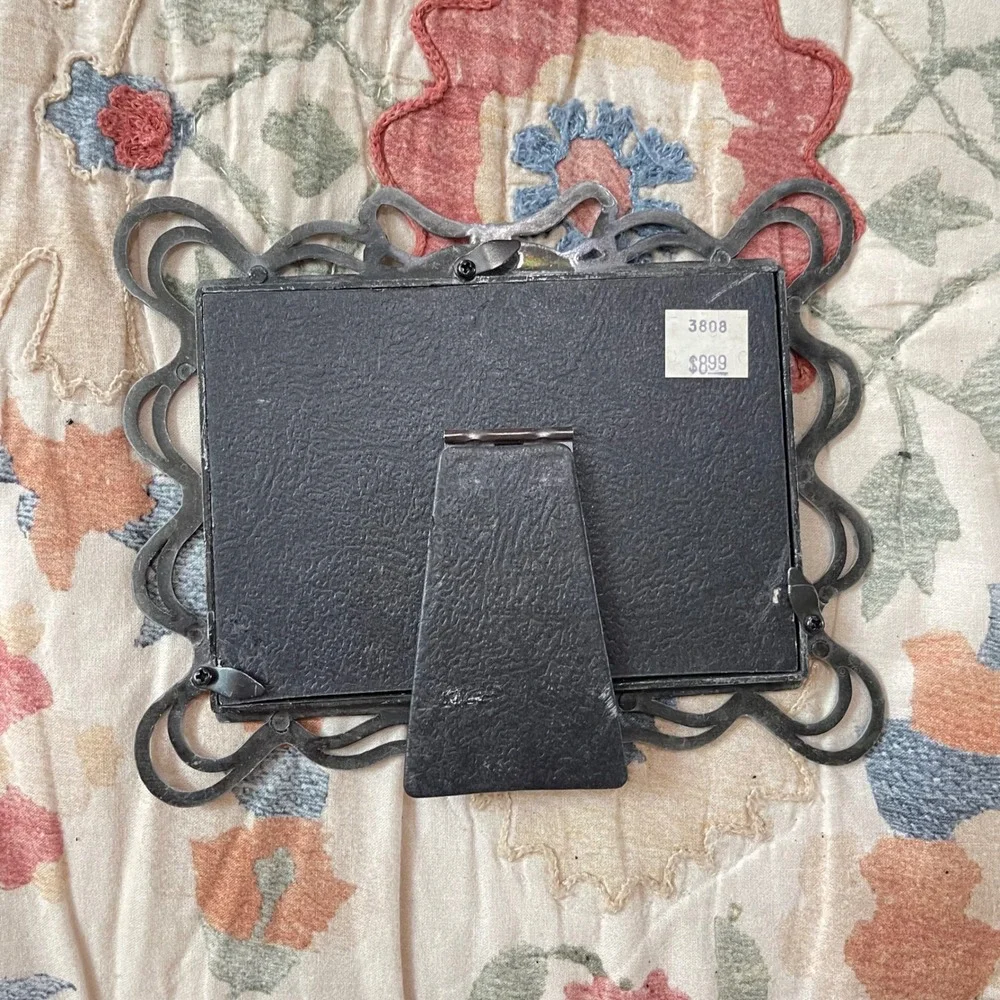 Vtg silver Mid Century Modern 3.5x5 Picture Frame Ornate bow granny cottage‎